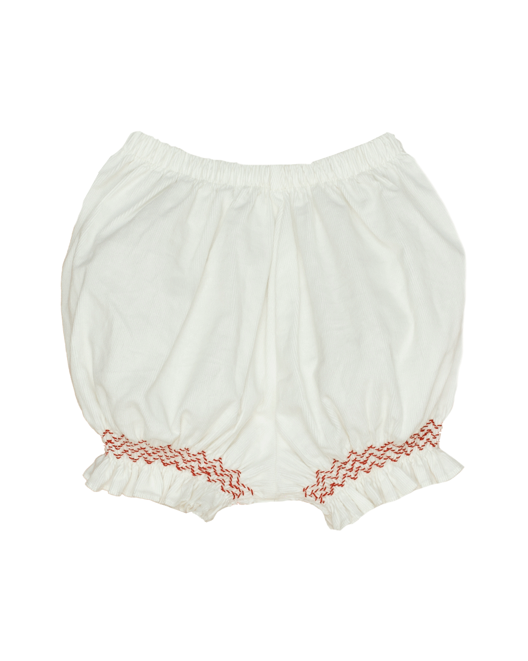 Molly Anne Dress/Bloomer Set in White Corduroy with Red Hand-Smocked Details