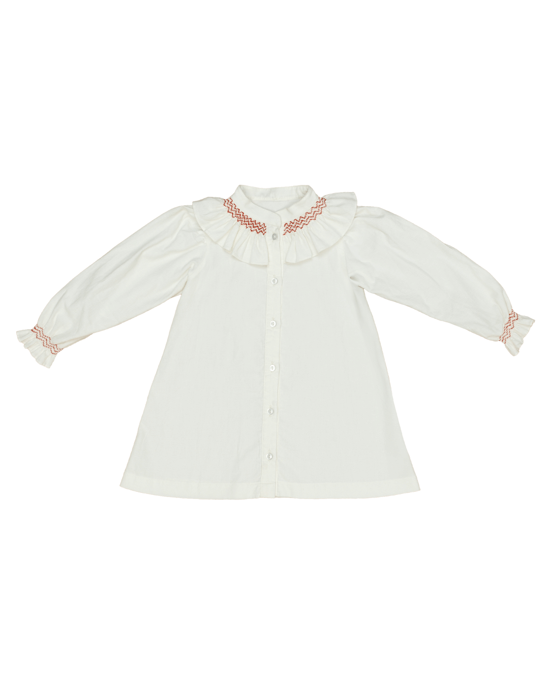 Molly Anne Dress/Bloomer Set in White Corduroy with Red Hand-Smocked Details