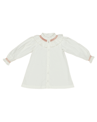 Molly Anne Dress/Bloomer Set in White Corduroy with Red Hand-Smocked Details