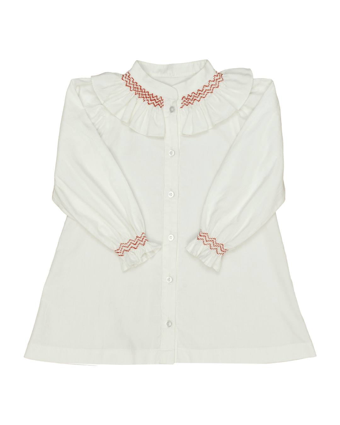 Molly Anne Dress/Bloomer Set in White Corduroy with Red Hand-Smocked Details