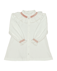 Molly Anne Dress/Bloomer Set in White Corduroy with Red Hand-Smocked Details