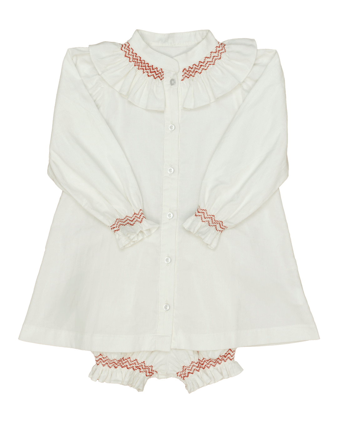 Molly Anne Dress/Bloomer Set in White Corduroy with Red Hand-Smocked Details