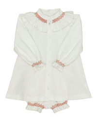 Molly Anne Dress/Bloomer Set in White Corduroy with Red Hand-Smocked Details