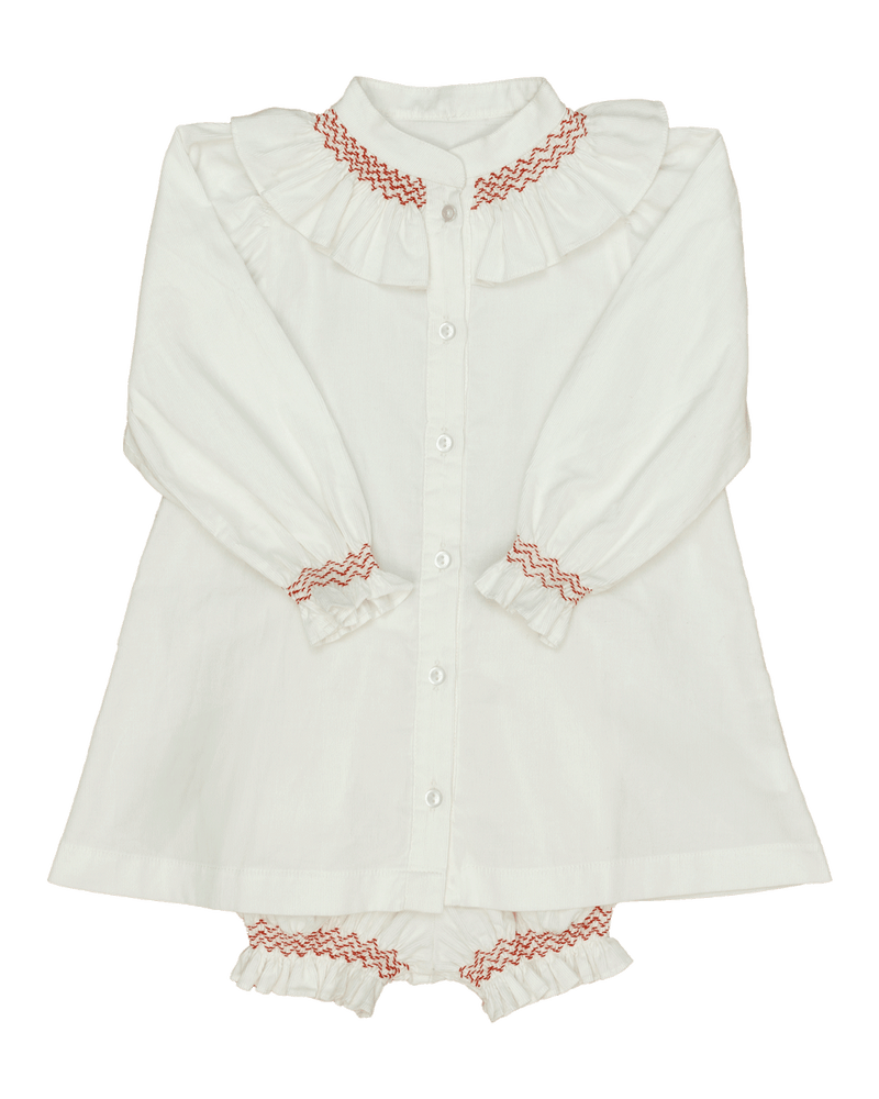 Molly Anne Dress/Bloomer Set in White Corduroy with Red Hand-Smocked Details