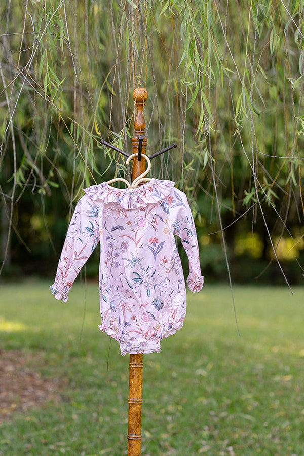 Baby bubble with smocked ruffle collar in pink floral