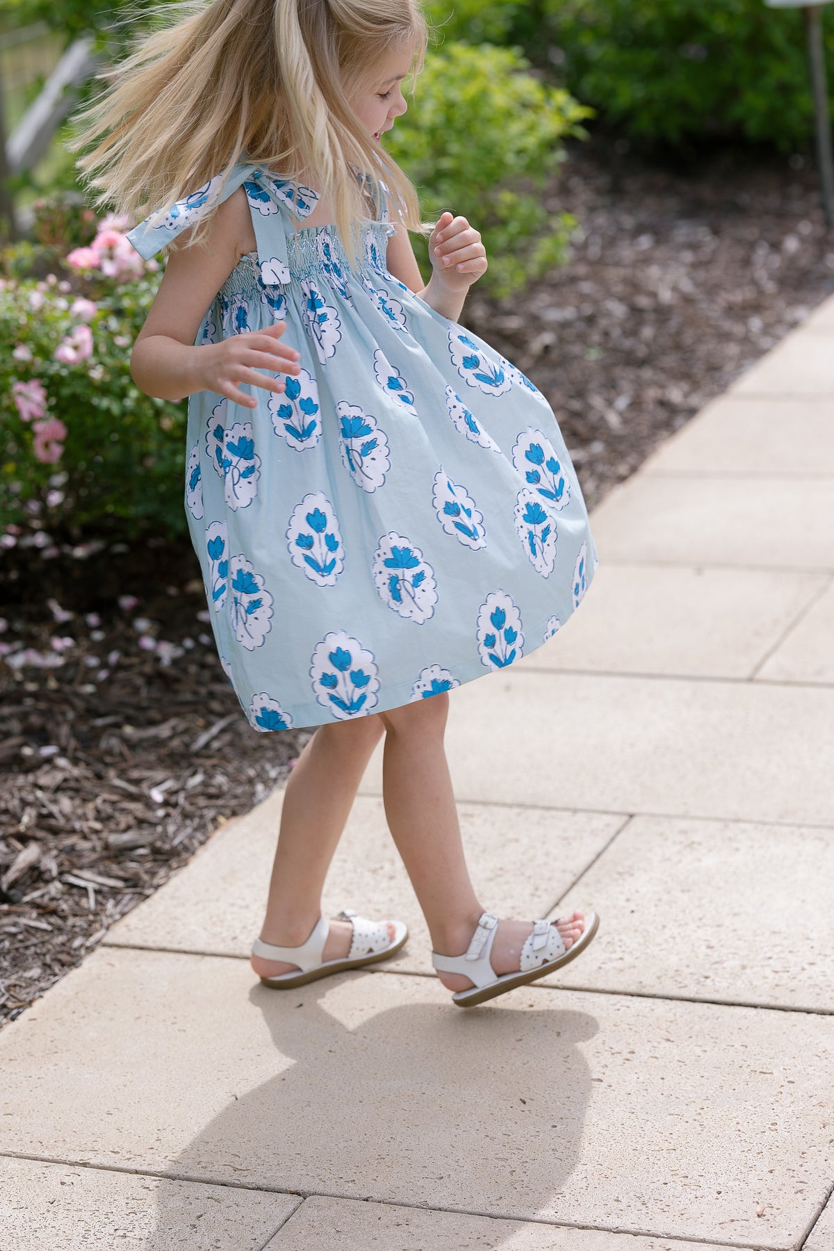 Teatime Dress | Smocked Tie Top | Medallion Flower Blue